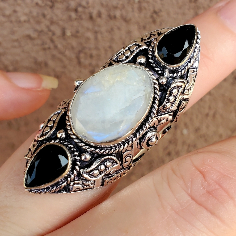 New Rough Rainbow Moonstone & Black Spinel 925 Silver Statement Ring.